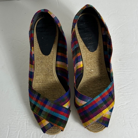 Ralph Lauren Espadrille Wedge Silk Shantung Plaid Peep Toe Sandals Womens Size 9 - Picture 9 of 12
